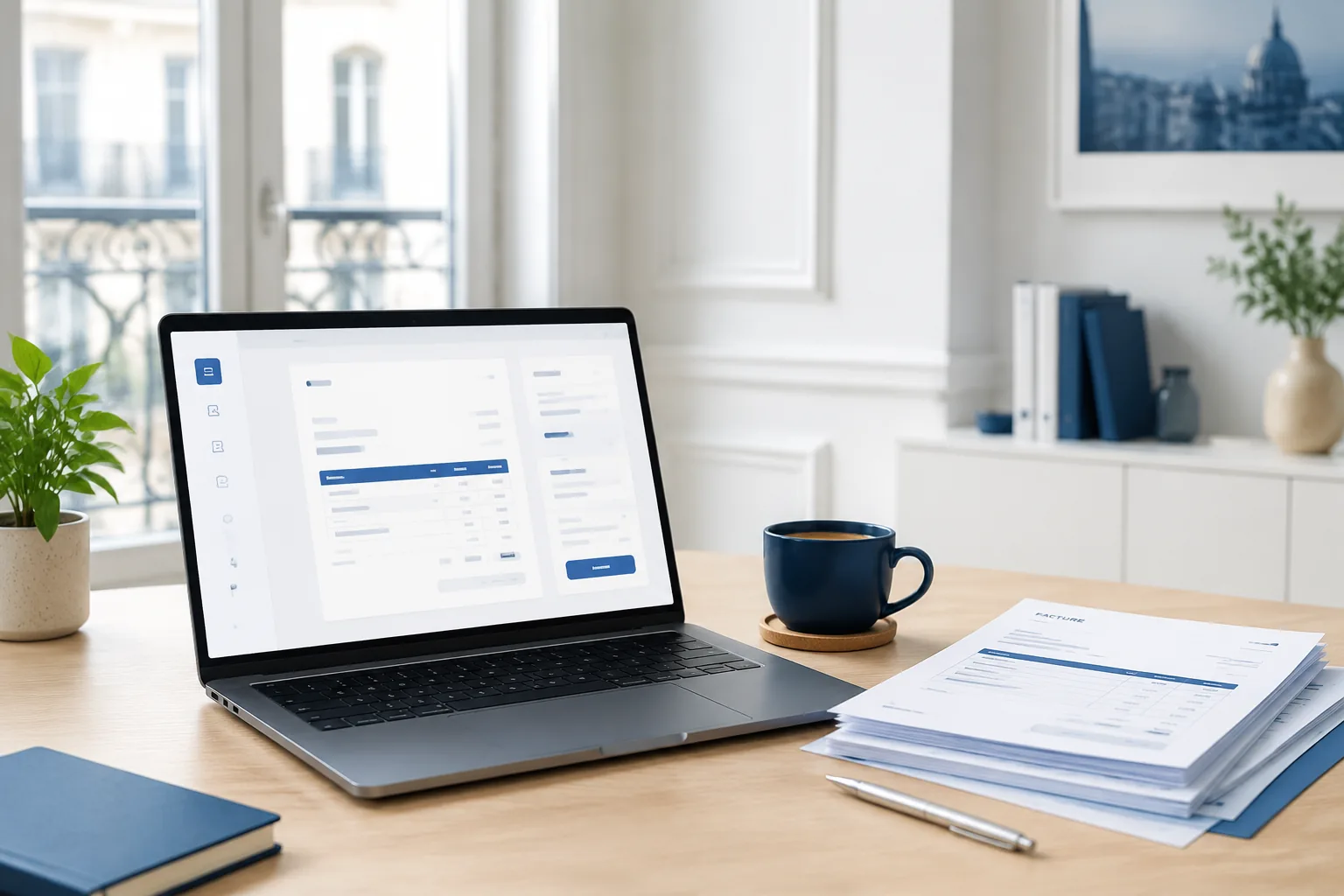 Bureau professionnel avec ordinateur, factures et interface de facturation